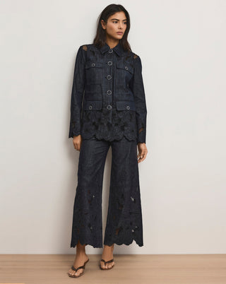 Veronica Beard Osborne Women's Navy Chambray Cotton Floral Eyelet Embroidery Scalloped-Hem Wide-Leg Pant