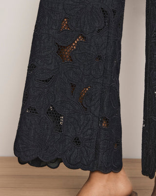 Veronica Beard Osborne Women's Navy Chambray Cotton Floral Eyelet Embroidery Scalloped-Hem Wide-Leg Pant