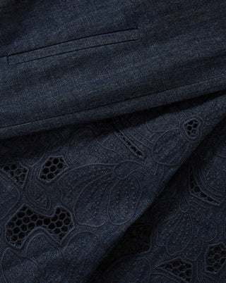 Veronica Beard Osborne Women's Navy Chambray Cotton Floral Eyelet Embroidery Scalloped-Hem Wide-Leg Pant
