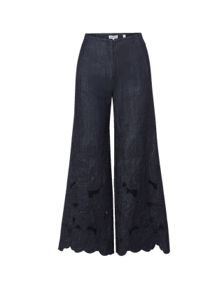 Veronica Beard Osborne Women's Navy Chambray Cotton Floral Eyelet Embroidery Scalloped-Hem Wide-Leg Pant