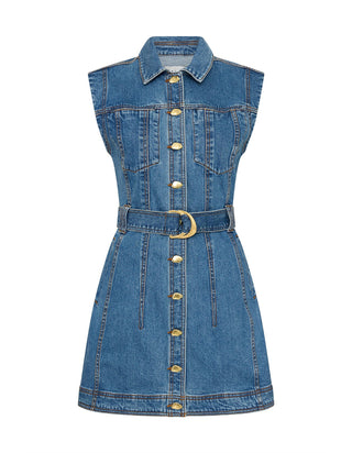 Aje Darcie Women's Blue Denim Removable Belt Slim Fit  Button Detail Collared Short Cap Sleeve Mini Shirt Dress