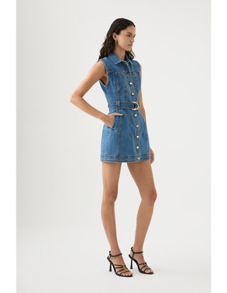 Aje Darcie Women's Blue Denim Removable Belt Slim Fit  Button Detail Collared Short Cap Sleeve Mini Shirt Dress
