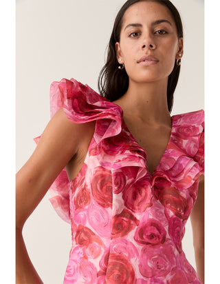 Aje Enchanted Women's Pink Floral Linen-Blend Fluttery Organza Ruffles Plunged Deep V-Neckline Midi Dress