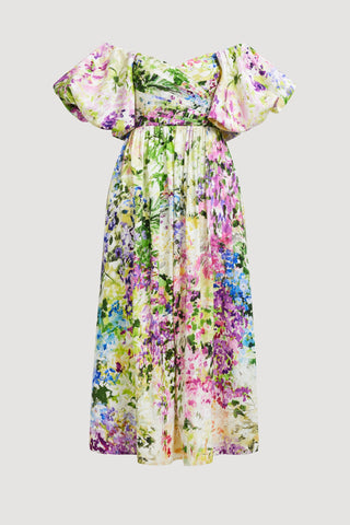 Aje Adina Women's Lavandula Viscose Lined Puff Sleeves Sweetheart Neckline Ruching Detail Off-The-Shoulder Midi Dress