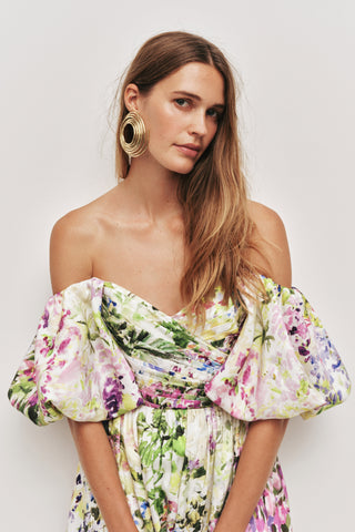 Aje Adina Women's Lavandula Viscose Lined Puff Sleeves Sweetheart Neckline Ruching Detail Off-The-Shoulder Midi Dress