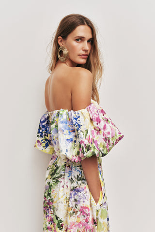 Aje Adina Women's Lavandula Viscose Lined Puff Sleeves Sweetheart Neckline Ruching Detail Off-The-Shoulder Midi Dress