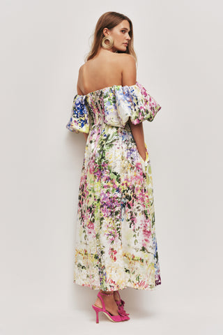 Aje Adina Women's Lavandula Viscose Lined Puff Sleeves Sweetheart Neckline Ruching Detail Off-The-Shoulder Midi Dress