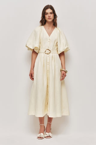 Aje Portrait Women's Yellow Linen V-Neckline Puff Sleeves Detachable Belt Lined Button Detail Midi Shirt Dress