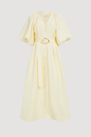 Aje Portrait Women's Yellow Linen V-Neckline Puff Sleeves Detachable Belt Lined Button Detail Midi Shirt Dress