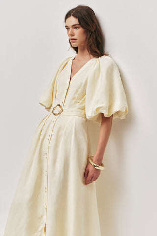 Aje Portrait Women's Yellow Linen V-Neckline Puff Sleeves Detachable Belt Lined Button Detail Midi Shirt Dress