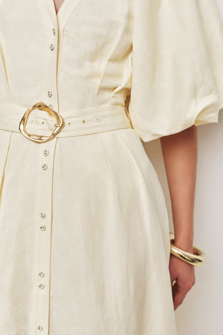 Aje Portrait Women's Yellow Linen V-Neckline Puff Sleeves Detachable Belt Lined Button Detail Midi Shirt Dress