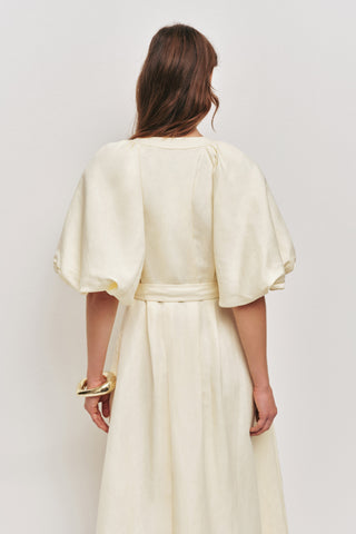 Aje Portrait Women's Yellow Linen V-Neckline Puff Sleeves Detachable Belt Lined Button Detail Midi Shirt Dress