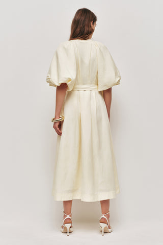 Aje Portrait Women's Yellow Linen V-Neckline Puff Sleeves Detachable Belt Lined Button Detail Midi Shirt Dress