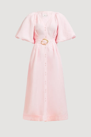 Aje Portrait Women's Pink Linen V-Neckline Puff Sleeves Detachable Belt Lined Button Detail Midi Shirt Dress