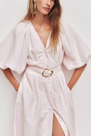 Aje Portrait Women's Pink Linen V-Neckline Puff Sleeves Detachable Belt Lined Button Detail Midi Shirt Dress