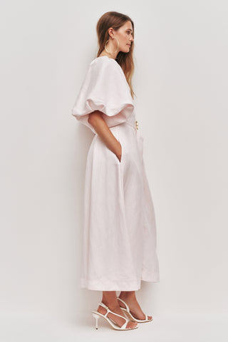 Aje Portrait Women's Pink Linen V-Neckline Puff Sleeves Detachable Belt Lined Button Detail Midi Shirt Dress