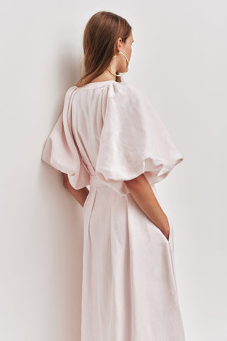 Aje Portrait Women's Pink Linen V-Neckline Puff Sleeves Detachable Belt Lined Button Detail Midi Shirt Dress