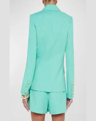 L'Agence Kenzie Women's Green Cotton Linen Decorative Flap Pocket Peak Lapel Lined Double Breasted Blazer Coat