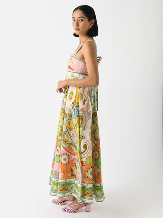 Alemais Pinball Women's Green Paisley Adjustable Straps Sleeveless Square Neck Fitted Sundress Midi Dress