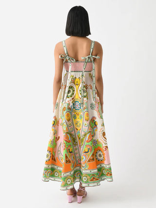 Alemais Pinball Women's Green Paisley Adjustable Straps Sleeveless Square Neck Fitted Sundress Midi Dress