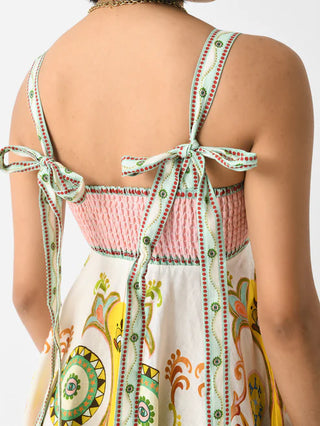 Alemais Pinball Women's Green Paisley Adjustable Straps Sleeveless Square Neck Fitted Sundress Midi Dress