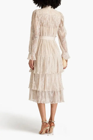 Zimmermann Women's Beige Ruffled Corded Lace Detachable Waist Belted Bell Long Sleeve Midi Tiered Dress