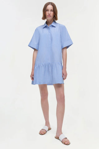 Simkhai Cris Women's Blue Striped Cotton Poplin Collared Short Sleeve Button Front Detail Mini Shirt Dress
