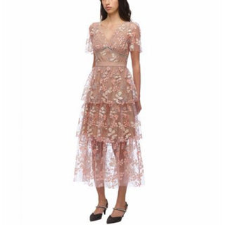 self portrait flower mesh tiered midi dress Self Portrait Floral Mesh Embellished Tulle Tiered Midi Dress