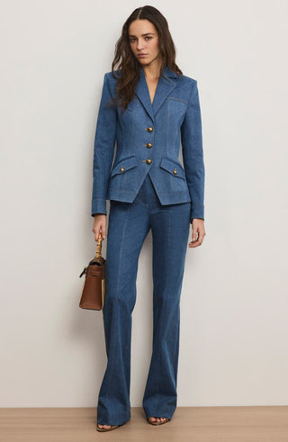 Veronica Beard Randy Women's Blue Denim Cotton Lined Notched Lapel Long Sleeve Front Button Dickey Jacket