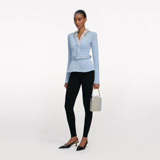 Self-Portrait Women's Blue Lace Frill Trims Belted Peplum Cinches Waist Crystal Trim Button Closure Cardigan