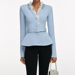 Self-Portrait Women's Blue Lace Frill Crystal Trims Removable Belted Stretch Peplum Waist Cinches Cardigan Sweater