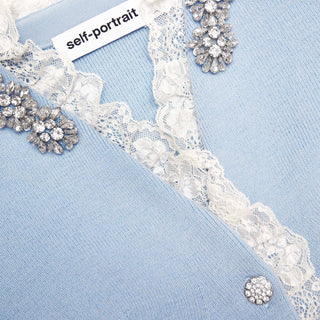 Self-Portrait Women's Blue Lace Frill Trims Belted Peplum Cinches Waist Crystal Trim Button Closure Cardigan