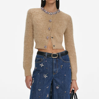 Self-Portrait Women's Brown Alpaca Diamanté Trims Embellishment Faux Concealed Button Stretch Cardigan Sweater