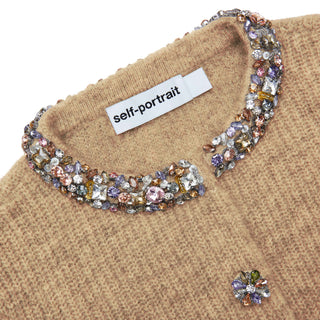 Self-Portrait Women's Brown Alpaca Diamanté Trims Embellishment Faux Concealed Button Stretch Cardigan Sweater
