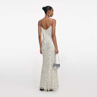 Self-Portrait Women's Cream Polyamide Spaghetti Strap Lined Floral Diamanté Sequin Embellishment Maxi Dress