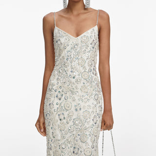 Self-Portrait Women's Cream Polyamide Spaghetti Strap Lined Floral Diamanté Sequin Embellishment Maxi Dress