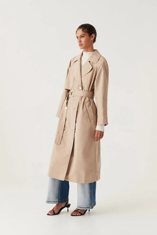 Aje Replica Women's Beige Oversized Tabbed Cuffs Lined Gold Accent Buttons Raglan Sleeves Trench Coat