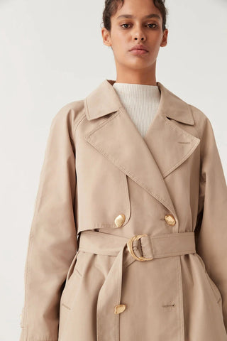 Aje Replica Women's Beige Oversized Tabbed Cuffs Lined Gold Accent Buttons Raglan Sleeves Trench Coat