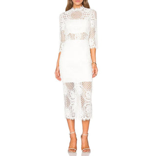 Alexis Miller Women's White Allover Lace 3/4 Sleeves Mock Neck Back Sl TheFabNest Alexis Miller Women's White Allover Lace 3/4 Sleeves Mock Neck Back Sl TheFabNest