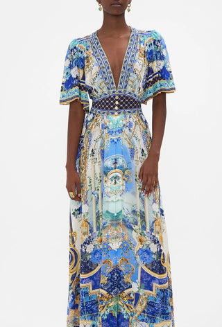 Camilla Shaped Waistband Women's Blue Foral Flutter Sleeve Low-Cut V-Neckline Relaxed Fit & Flare Maxi Dress