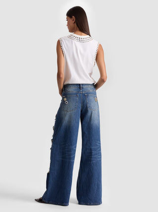 Alice + Olivia Harper Women's Blue Denim Cotton 3D Embellished Brooches & Pins Distressed Baggy Fit Wide Leg Jeans