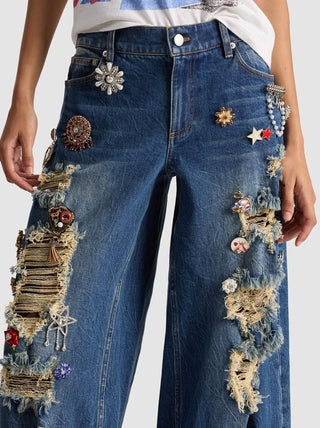 Alice + Olivia Harper Women's Blue Denim Cotton 3D Embellished Brooches & Pins Distressed Baggy Fit Wide Leg Jeans
