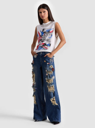 Alice + Olivia Harper Women's Blue Denim Cotton 3D Embellished Brooches & Pins Distressed Baggy Fit Wide Leg Jeans