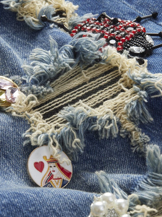 Alice + Olivia Harper Women's Blue Denim Cotton 3D Embellished Brooches & Pins Distressed Baggy Fit Wide Leg Jeans