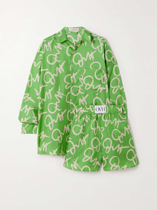 Olivia Von Halle Women's Green Twill Silk Relaxed Long Sleeve Collared Button Up Kick Printed Pajama Set