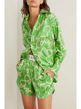 Olivia Von Halle Women's Green Twill Silk Relaxed Long Sleeve Collared Button Up Kick Printed Pajama Set