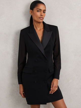 Reiss Adina Women's Black Sheer-Sleeve Tuxedo Satin Peak Lapels Double-Breasted Front Buttons Mini Dress