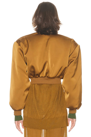 Helsa The Satin Women's Gold Polyester Long Puff Sleeve Cropped Fit Side Flap Pockets Full Zip Up Bomber Jacket