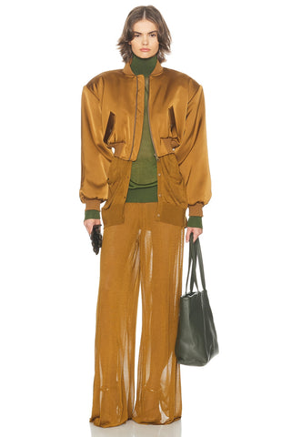 Helsa The Satin Women's Gold Polyester Long Puff Sleeve Cropped Fit Side Flap Pockets Full Zip Up Bomber Jacket
