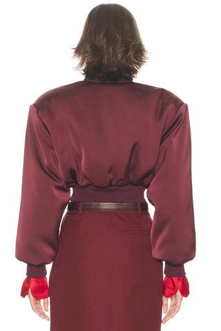 Helsa The Satin Women's Burgundy Polyester Long Puff Sleeve Cropped Fit Side Flap Pockets Full Zip Up Bomber Jacket